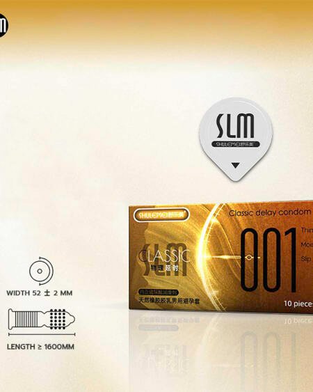 ถุงยางอนามัย SLM 001 ซีรีส์พรีเมียม – บางพิเศษ / ชะลอการหลั่ง / ผิวสัมผัสปุ่มใหญ่ / ไอซ์ไฟร์ / กระชับพิเศษ (ผสมสารหล่อลื่นไฮยาลูโรนิก 10 ชิ้น)